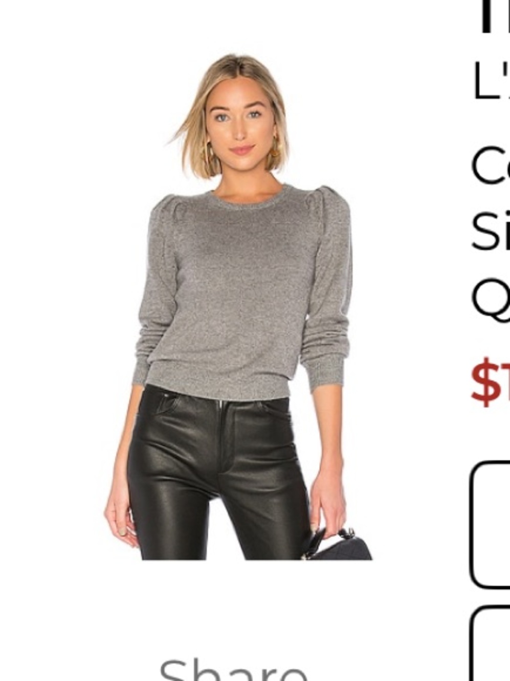L'Academie Gray Puff-Sleeve Crewneck Sweater